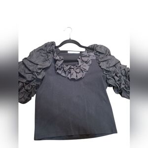 Uterque Black Cotton And Silk Ruffled Sleeve Top Size Small